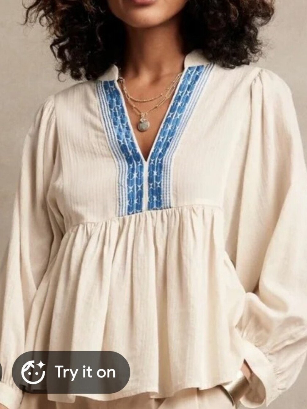 Banana Republic Cream Tunic with Blue Embroidered Placket